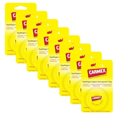 Abbildung von Carmex Classic Tiegel Lippenpflege für trockene Lippen, Lippenbalsam feuchtigkeitsspendend und beruhigend rissige mit Vaseline, Vitamin E Bienenwachs (8 x 7,5 g)
