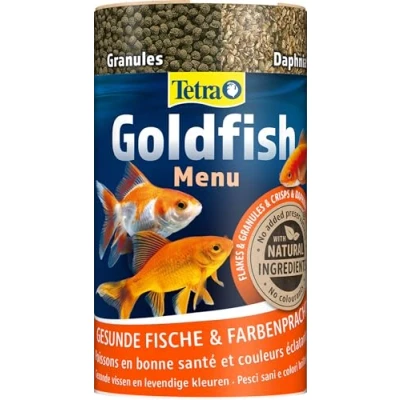 Abbildung von Tetra Goldfish Menu 4in1 Fischfutter Mix mit Crisps, Flocken, Granulat und Daphnien für alle Goldfische andere Kaltwasserfische, 250 ml Dose