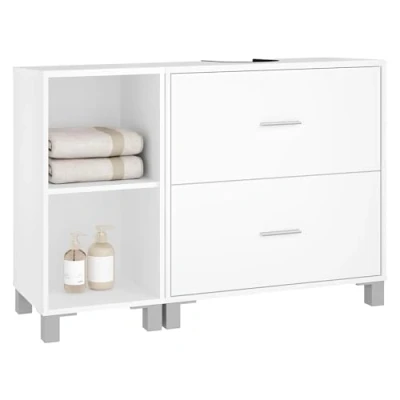 Abbildung von eSituro Waschbeckenunterschrank weiß, Badezimmerschrank mit 2 Schubladen Seitenschrank, Badezimmer Unterschrank Waschbecken, Waschtischunterschrank freistehend, 90x60x30 cm