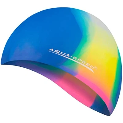 Abbildung von Aqua Speed Bunt Badekappe + Kleines Mikrofaserhandtuch Damen &amp; Herren Badehüte für Erwachsene Kinder Bademütze wasserdicht Badehaube Silikon elastische Schwimmhaube 59. / 67