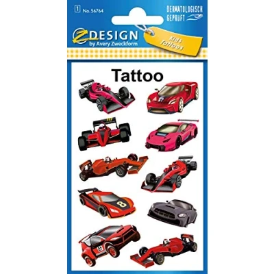 Abbildung von AVERY Zweckform 10 Tattoos Kinder Rennwagen (Temporäre Rennauto, wasserfeste Kindertattoos, hautfreundliche Klebetattoos, Aufkleber für Jungen Mitgebsel Kindergeburtstag Party) 56764