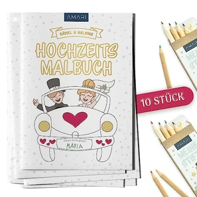 Abbildung von AMARI Hochzeitskarte ® Hochzeitsmalbuch [inkl. Buntstifte ] Gastgeschenk