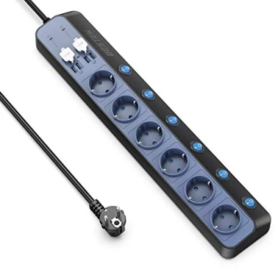 Abbildung von BESTEK Steckdosenleiste mit Überspannungsschutz, 6 Steckdosen 4 USB Anschlüssen, 900 J, Überspannungsschutz und Blitzschutz, individuellem Schalter, 3600 W, Kabel 3 m