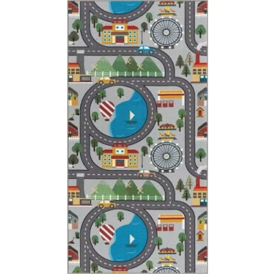 Abbildung von the carpet Happy Life Kinderzimmer, Kinderteppich, Spielteppich, Waschbar, Straßenteppich, Straße, Stadt, Auto, Grau, 100 x 200 cm