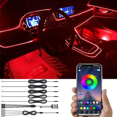 Abbildung von TABEN Auto Atmosphärenlicht Kit Musiksynchronisation Mehrfarbig RGB 16 Millionen Farben 6 Meter Glasfaser USB Fußraum Ambientebeleuchtung Kit, Sound Active und drahtlose Bluetooth APP Steuerung DC 12V