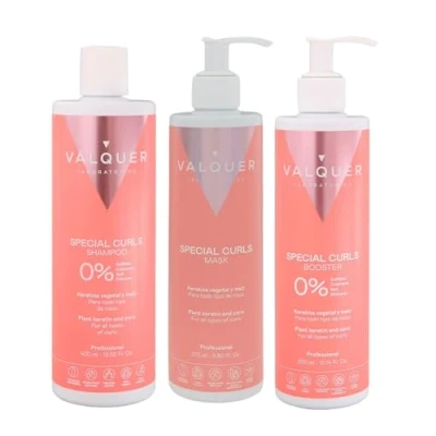 Abbildung von Valquer Pack Curly Method. Shampoo 400 ml + Mask 290 Booster 300 Formulation Zero% pack: Sulfate Free, Colorants Salt Free. Perfect Curls. Up to 96% natural ingredients origin.