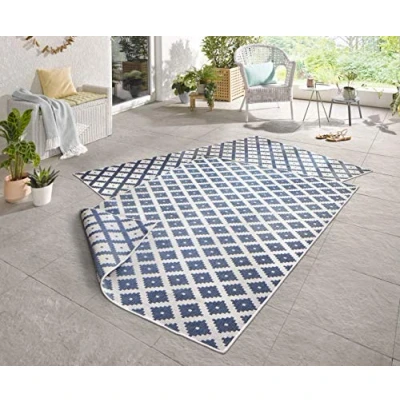 Abbildung von NORTHRUGS in und Outdoor Teppich Nizza 160x230cm Wendeteppich Wetterfest Modernes Geometrisches Muster für Balkon Terrasse Garten Wintergarten Küche Wohnzimmerteppich Wasserfest Blau Creme