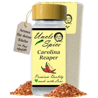 Abbildung von UNCLE SPICE® Carolina Reaper Flocken 35g schärfste Chili der Welt als im edlen Gewürzglas GRINGO KILLER Chilischoten geschrotet, Chiliflocken Streuer, 1.5 Mio Scoville, EXTREM SCHARF