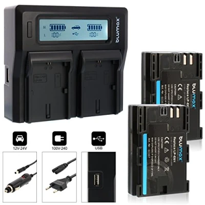 Abbildung von Blumax 2X Akku LP E6N 2000mAh + Doppelladegerät Dual Charger passend zu Canon EOS 60D, 70D, 6D, 5D Mark III 2 Akkus gleichzeitig Laden