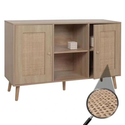 Abbildung von Sideboard HWC M42, Schrank Kommode Highboard, Staufächer, Kubu Rattan Holz Melamin, Eiche Optik