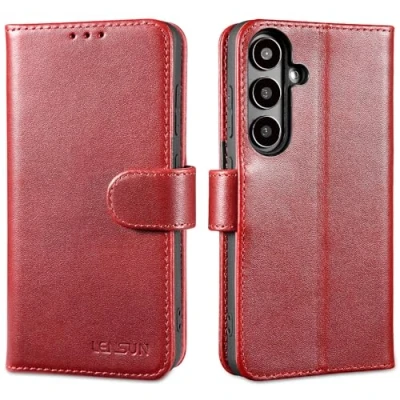 Abbildung von LENSUN Lederhülle für Samsung Galaxy S24 5G, Echtleder Hülle [Kartenfach][Premium Echtes Leder][Magnetverschluss] Handytasche Schutzhülle Handyhülle Weinrot