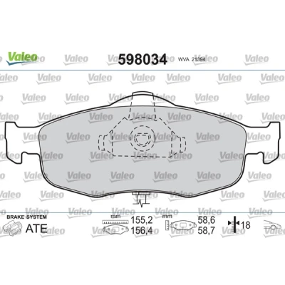 Abbildung von VALEO 598034 Bremsbelagsatz Vorderachse exkl. Verschleißwarnkontakt ohne Anti Quietsch Blech FORD: MONDEO 2, 2 Kombi, Stufenheck