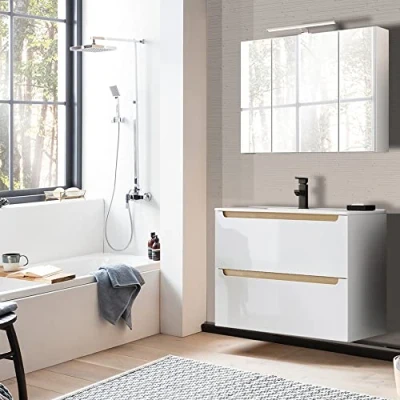 Abbildung von Lomadox Badezimmermöbel Waschplatz Set in Hochglanz weiß mit Trüffel Buche, 80cm Keramik Waschtisch Unterschrank &amp; Spiegelschrank LED Beleuchtung
