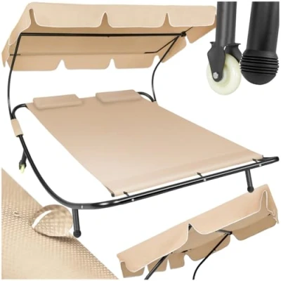 Abbildung von tectake Sonnenliege, Doppelliege, Outdoor Liege für 2 Personen, Gartenliege mit Sonnendach, Relaxliege, Sonnenliege Dach, inkl. Kissen, ideal Garten oder Balkon schwarz/beige