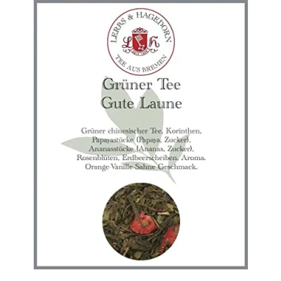 Abbildung von Lerbs &amp; Hagedorn, Grüner Tee Gute Laune Orange Vanille Sahne Geschmack 250g (ca. 21 Liter) Korinthen, Papaya, Ananasstücke, Rosenblütenblätter
