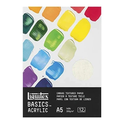Abbildung von Liquitex 4602003 Basics Acrylpapier Malblock für Acrylfarben, 12 Blatt weiß, 300 g/m² schweres Malpapier Acrylmalerei, 100% säurefrei mit Leinwandprägung A5