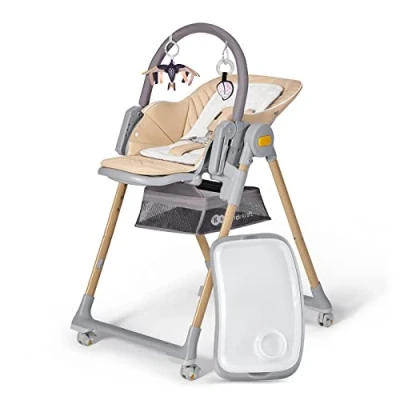 Abbildung von Kinderkraft LASTREE Hochstuhl Baby ab Geburt mit Liegefunktion, Kinderhochstuhl für ältere Kinder, Babyliege Spielbügel, Verstellbare Rückenlehne Tablett Fußstütze, Zusammenklappbar, Beige