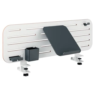 Abbildung von Leitz Ergo Pegboard Schreibtisch Organizer mit Laptop Halterung &amp; Zubehör, Hochwertige Stecktafel kompatibel Tischdicke bis 35mm, breite Hängeschlitze, Klemmbefestigung, 80 x 25 cm, Weiß, 65490000