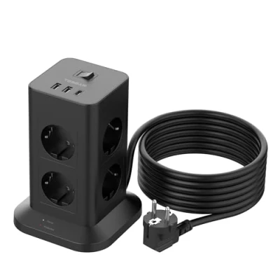 Abbildung von TESSAN Mehrfachsteckdose Überspannungsschutz mit Verlängerungskabel 5M, 8 Fach Steckdosenleiste USB C und 2 A, 3600W 16A Steckerleiste, Steckdosenturm Verteilersteckdose für Zuhause, Schwarz