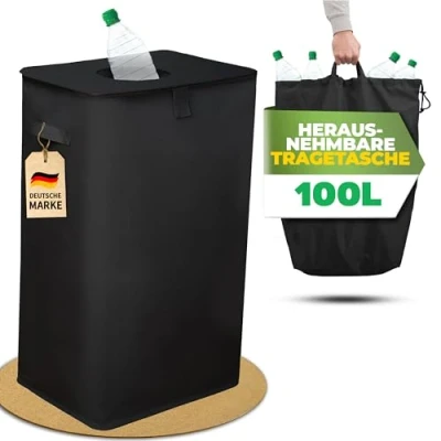 Abbildung von COTTARA® Pfandflaschen Sammelbehälter mit Deckel und Tragetasche Pfandbehälter Einwurf Idealer Flaschen organizer Pfandsammler Flaschensammler Leergut für Küche schwarz