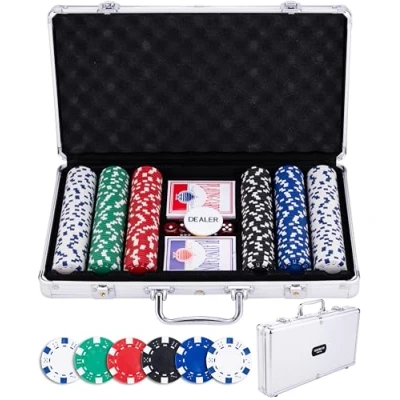 Abbildung von Engelhart 320910 Poker Set Koffer aus versilbertem Metall 300 Chips 11,5 g ohne Nummer + 2 Kartenspiele, 3 Croupier Knöpfe, 5 Würfel