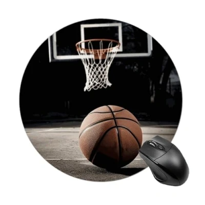 Abbildung von Basketball Mauspad, wasserdicht, Gaming Mauspads mit rutschfester Gummiunterseite, rundes Computer Mauspad genähten Kanten, personalisiertes für Schreibtischunterlage, 20 cm