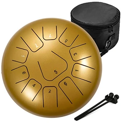 Abbildung von Amkoskr Stahlzungentrommel, 10 Zoll 25 cm Steel Tongue Drum, C Dur 11 Noten, Handtrommel HandPan Drum mit Drumsticks/Tragetasche(Gold)