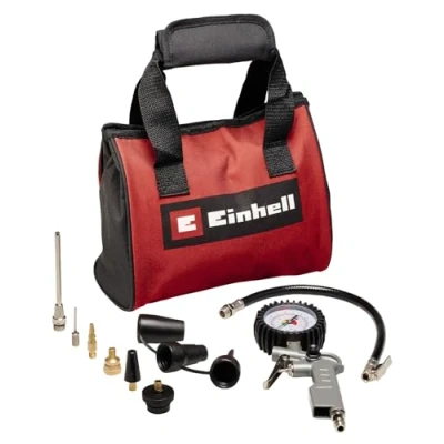 Abbildung von Original Einhell 10 tlg. Druckluftset m. Tasche (Kompressor Zubehör, inkl. 1x Adapterdüse für Ausblaspistole, Reifenfüllmesser, 8x Aufpumpadapter, Zubehörtasche)