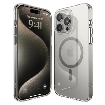Abbildung von elago Magnetische Hybrid Transparent Hülle Kompatibel mit iPhone 15 Pro Max Hülle, MagSafe, PC+TPU Technologie, US Military Grade Fallschutz, Reduzierte Vergilbung (Mittelgrau)
