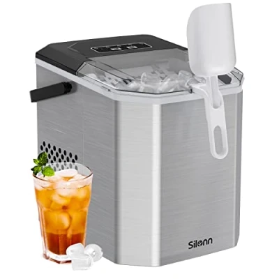 Abbildung von Silonn Eiswürfelmaschine, Kleine Eiswürfelmaschine mit Tragegriff, Selbstreinigende Korb und Schaufel, 9 Würfel in 6 Minuten, 12 KG pro Tag, ideal für Haus, Küche, Camping, RV