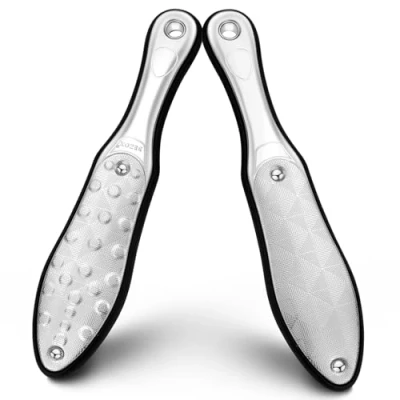 Abbildung von BEZOX Laser Hornhautraspel Upgrade Fußfeile Voller Edelstahl, Fußraspel mit Ergonomischem Griff für Pediküre und Fußpflege, Doppelseitig, Rostfrei Portables Fußpflege set