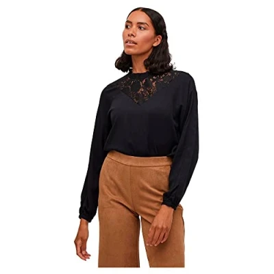 Abbildung von Vila Damen Visuvita L/S Lace Top/Su Noos Bluse, Schwarz, 36 EU
