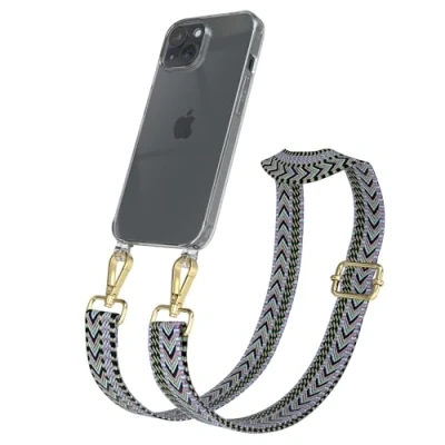 Abbildung von EAZY CASE Handykette mit verstellbarem Trageriemen für iPhone 15 Taschengurt zum Wechseln transparenter Handyhülle Hülle dünner Schulterriemen in Lila Grün Gold