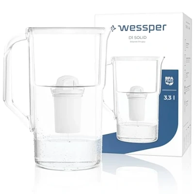 Abbildung von Wessper Wasserfilter Kanne 3,3 Liter, Wasser Karaffe mit LED Zählwerk, Classic Filter, Aktivkohle Wasserfilter, Kompatibel Brita Filter Weiß