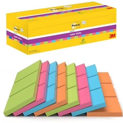 Abbildung von Post it Super Sticky Notes, Packung mit 24 Blöcken, 90 Blatt pro Block, 76 mm x mm, Farben: Grün, Pink, Blau, Orange Extra stark klebende Notizzettel für Notizen, To Do Listen und Erinnerungen