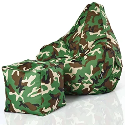 Abbildung von Green Bean 2er Set Sitzsack + Hocker fertig befüllt robust waschbar schmutzabweisend Kinder &amp; Erwachsene Bag Bodenkissen Sitzhocker Relax Sessel Gamer Gamingstuhl Pouf Camouflage Grün