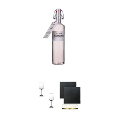 Abbildung von Birkenhof Haselnuss Edition Fasslagerung 0,5 Liter Deutschland + Nosing Gläser Kelchglas Bugatti mit Eichstrich 2cl und 4cl 2 Stück Schiefer Glasuntersetzer eckig ca. 9,5 cm Ø