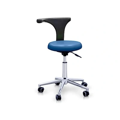 Abbildung von QUIRUMED Hocker mit professioneller ergonomischer Rückenlehne, Farbe Marineblau, Edelstahlstruktur, Kunstleder, Basis Rädern, höhenverstellbarer Sitz, bis 120 kg