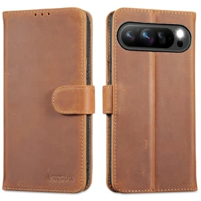 Abbildung von LENSUN Echtleder Hülle für Google Pixel 9 Pro XL, Handyhülle [Echtes Leder][Kartenfach][Standfunktion] Handytasche Lederhülle XL 5G Vintage Braun