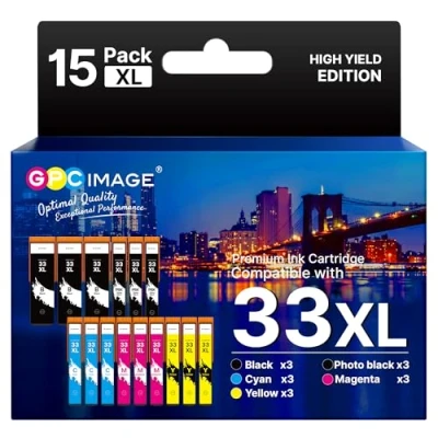 Abbildung von GPC IMAGE Kompatible Tintenpatrone als Ersatz für Epson 33XL Expression Premium XP 540 530 830 7100 900 640 630 635 645(Schwarz Foto Schwarz Cyan Magenta Gelb, 15er Pack)