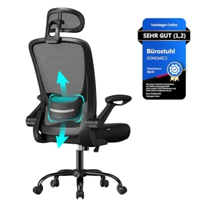 Abbildung von SONGMICS Bürostuhl ergonomisch, Schreibtischstuhl, Drehstuhl mit Mesh, gepolsterte Lendenstütze, Wippfunktion, 53 cm große Sitzfläche, klappbare Armlehnen, Kopfstütze, tintenschwarz OBN047B01