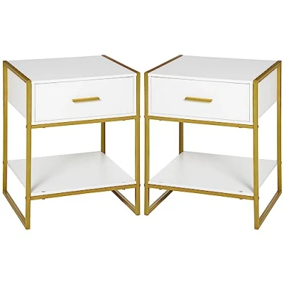 Abbildung von HOMCOM 2er Set Nachttisch, Nachtkommode, Nachtschrank mit Schublade und offenem Regal, Beistelltisch für Schlafzimmer, Wohnzimmer, 45 x 40 60 cm, Weiß+Gold