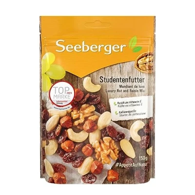 Abbildung von Seeberger Studentenfutter 5er Pack: Klassische Nuss Frucht Mischung aus Haselnusskernen, Mandeln, Walnüssen &amp; Cashewkernen, mit Rosinen reich an Vitamin E, vegan (5 x 150 g)