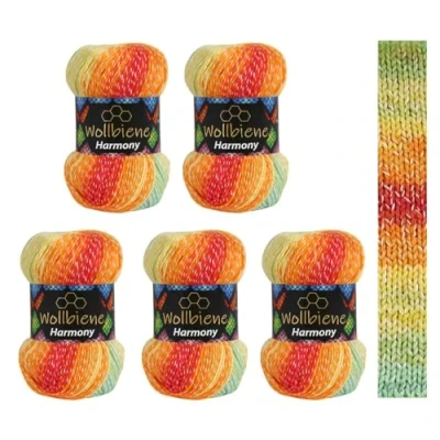 Abbildung von 5 x 100g Wollbiene Harmony Batik 500 Gramm mit Farbverlauf 30% Baumwolle mehrfarbig Multicolor Strickwolle Häkelwolle Wolle Ganzjahreswolle (8020 grün rot orange gelb)