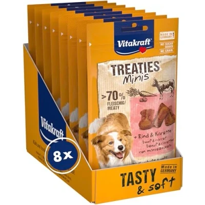 Abbildung von Vitakraft Treaties Minis, Hundeleckerli, weicher Hundesnack gefüllt mit Rind und Karotte, Hunde Trainingsleckerli, ohne Zusatz von Zucker (8x 48g)