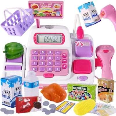 Abbildung von BUYGER 34 Stück Elektronische Kasse Spielzeug Supermarkt Registrierkasse mit Scanner Mikrofon Kaufladen Zubehör Rollenspiel für Mädchen Jungen ab 3 Jahre (Rosa), 25x12x16 cm