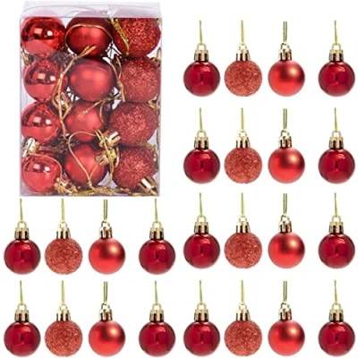 Abbildung von 30 mm/24 Stück Weihnachtskugeln, bruchsicher, rot, Weihnachtsbaumschmuck, Kugel, Ornamente, Kugeln, Weihnachtsdekoration, Urlaubsdekoration, glänzend, matt, Glitzer