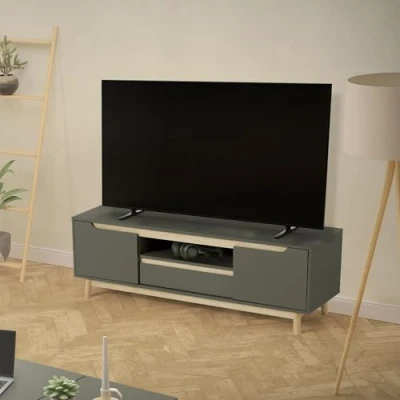 Abbildung von ML Design TV Schrank, 140x40x46 cm, Grün Natur, Fernsehtisch mit 2 Türen, Schublade, Ablage, Kiefernholz Füße, Natürliches Design, Lowboard für Wohnzimmer, Fernsehschrank Fernseher bis 65 Zoll