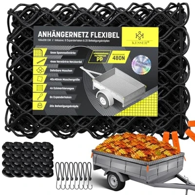 Abbildung von KESSER® Anhängernetz 1x2m Dehnbar feinmaschig Hängernetz mit Spannseil &amp; Netzkordel für Ladungssicherung elastisches Sicherungs Netz Eckmarkierungen Expander Haken Befestigungsknöpfen Schwarz