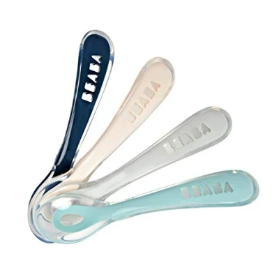Abbildung von BÉABA Silikonlöffel für Babys und Kleinkinder 4er Set ab 8 Monaten Weich Abgerundete Kanten Ergonomischer Griff Multicolor